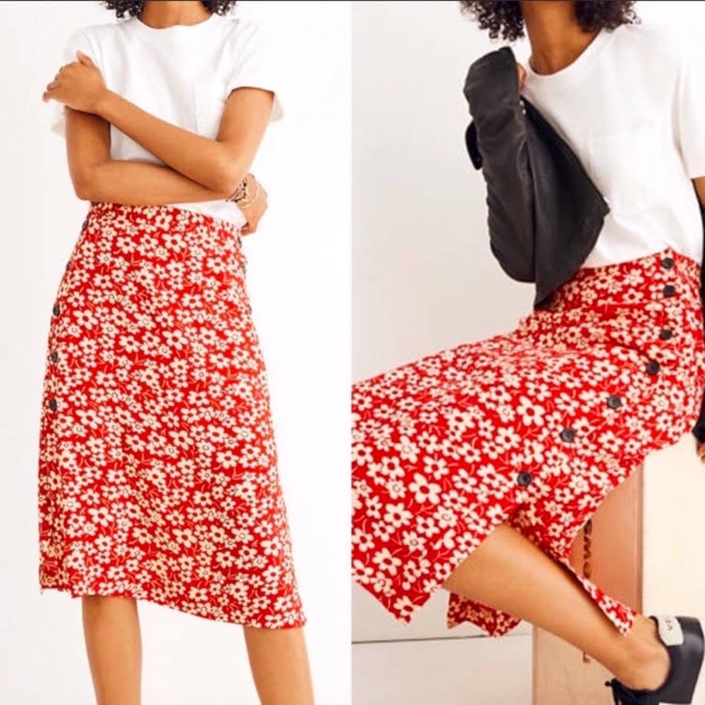 Madewell Red Floral Midi Skirt